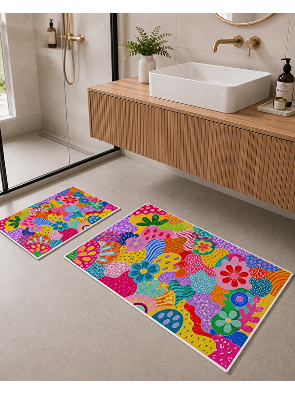 Milbay Grup Renkli Çiçek Desenli Banyo Paspası Dot Taban Üstü Kadife