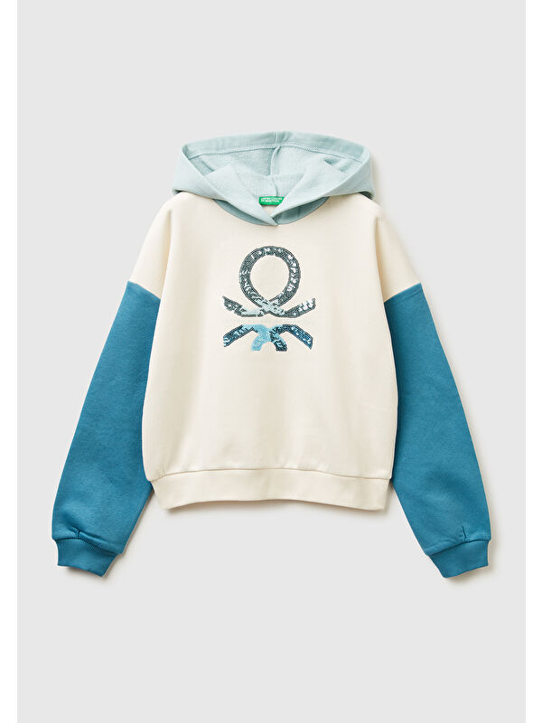 United Colors Of Benetton Kız Çocuk Ekru-Mavi Payet İşlemeli Nervürlü Regular Fit Kapüşonlu Sweatshirt