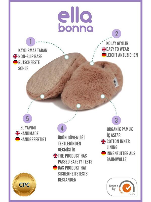 Yumuşak Tüylü ,Organik Bebek Patik, Kaydırmaz Taban Kreş Ayakkabısı, Taba - Görsel 6