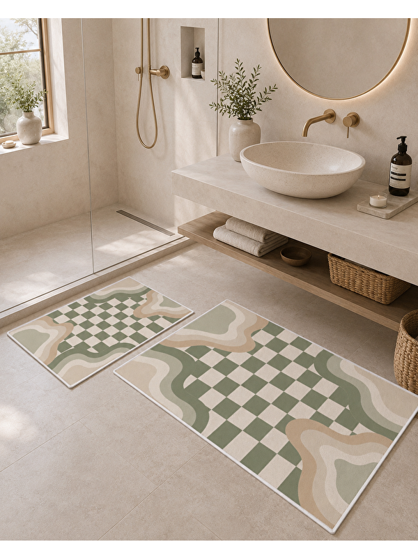 Milbay Grup Bej Yeşil Dama ve Dalga Desenli Banyo Paspası Dot Taban Üstü Kadife