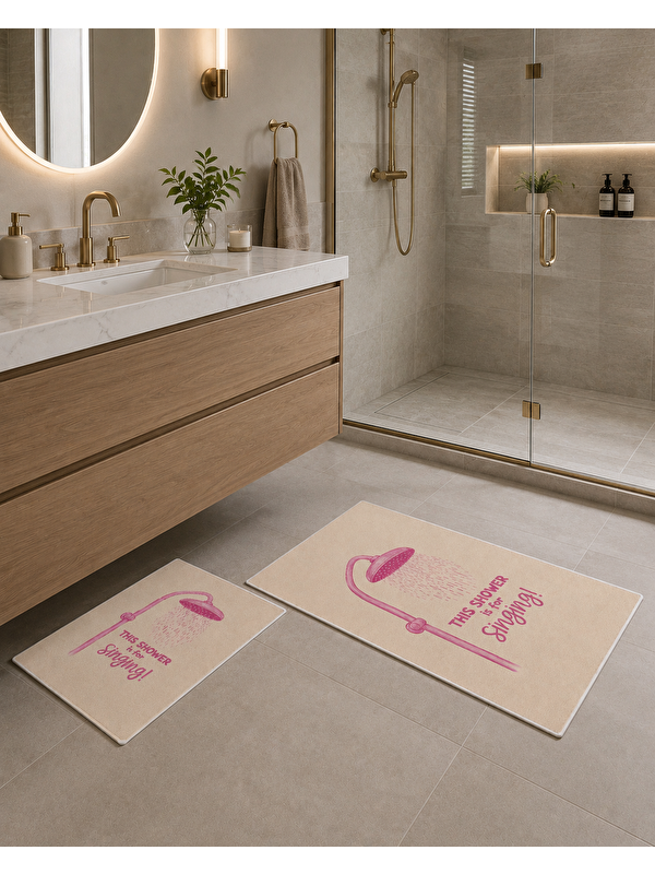 Milbay Grup Pembe Duş Temalı Desenli Banyo Paspası Dot Taban Üstü Kadife