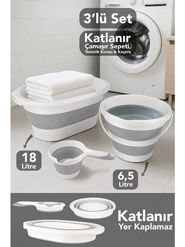 Meleni Home 3'lü Katlanır Çamaşır Sepeti 18 l