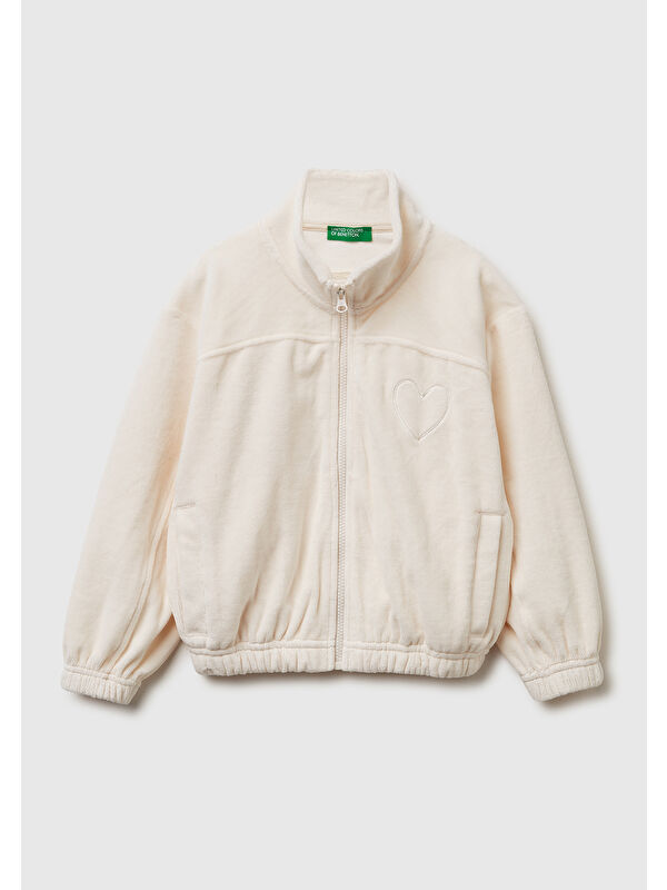 United Colors Of Benetton Kız Çocuk Ekru Göğüs Baskılı Logo Etiketli Fermuarlı Yan Cepli Sweatshirt