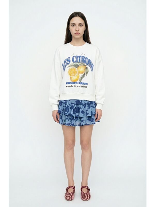 QUZU Limon Baskılı Bisiklet Yaka Oversize Sweatshirt Ekru