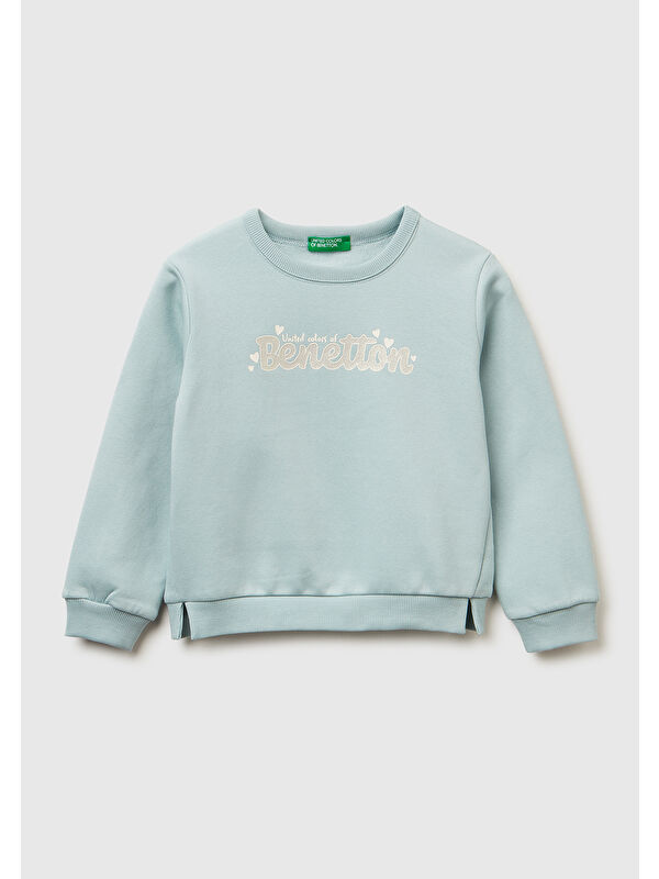United Colors Of Benetton Kız Çocuk Su Yeşili Renk Bloklu Simli Logo Baskılı Yırtmaçlı Sweatshirt