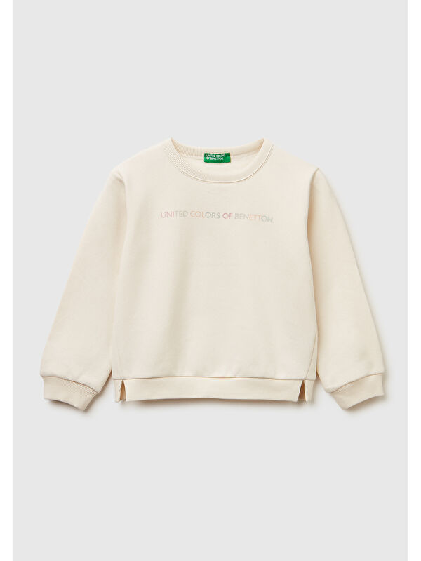 United Colors Of Benetton Kız Çocuk Ekru Renk Bloklu Simli Logo Baskılı Yırtmaçlı Sweatshirt