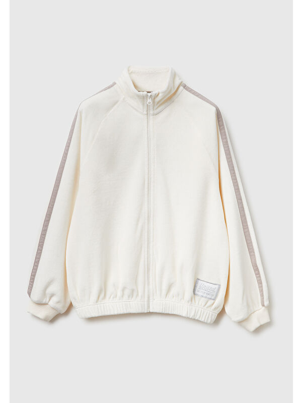 United Colors Of Benetton Kız Çocuk Ekru Logo Etiketli Fermuarlı Reglan Kol Dik Yaka Sweatshirt