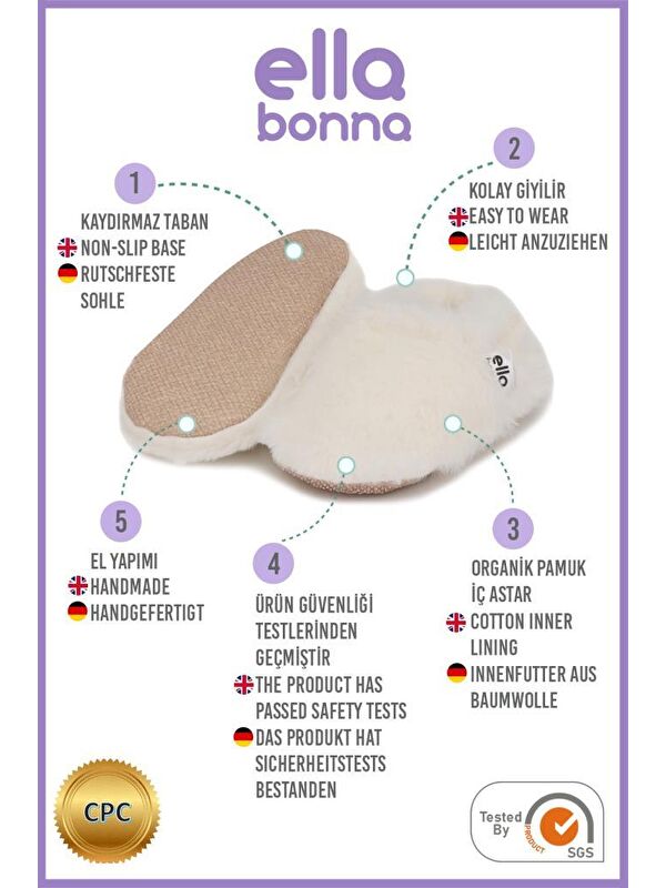 Yumuşak Tüylü ,Organik Bebek Patik, Kaydırmaz Taban Kreş Ayakkabısı, Taba - Görsel 6