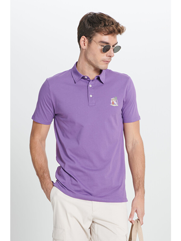 AC&Co / Altınyıldız Classics Erkek Mor Standart Fit Normal Kesim %100 Pamuk Yumuşak Dokulu Baskılı Polo Yaka Tişört