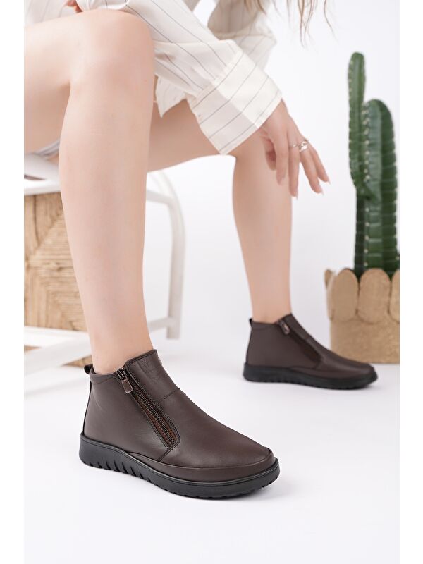 FENİKS Hakiki Deri Çift Fermuarlı Kadın Bot - Görsel 6