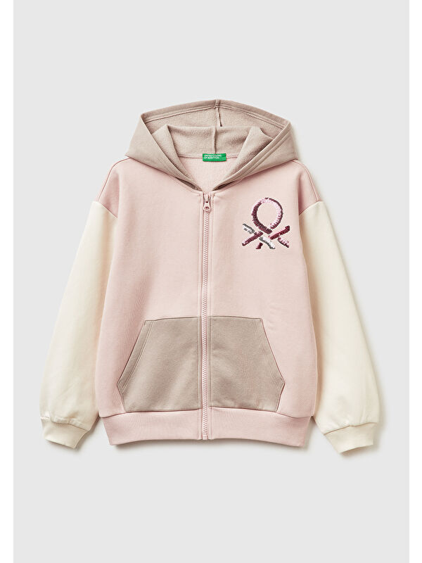 United Colors Of Benetton Kız Çocuk Krem-Pembe Önü Payetli Logolu Cepli Kapüşonlu Sweatshirt