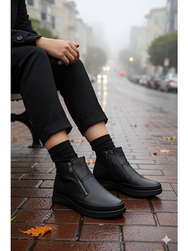 FENİKS Hakiki Deri Çift Fermuarlı Kadın Bot - Görsel 6