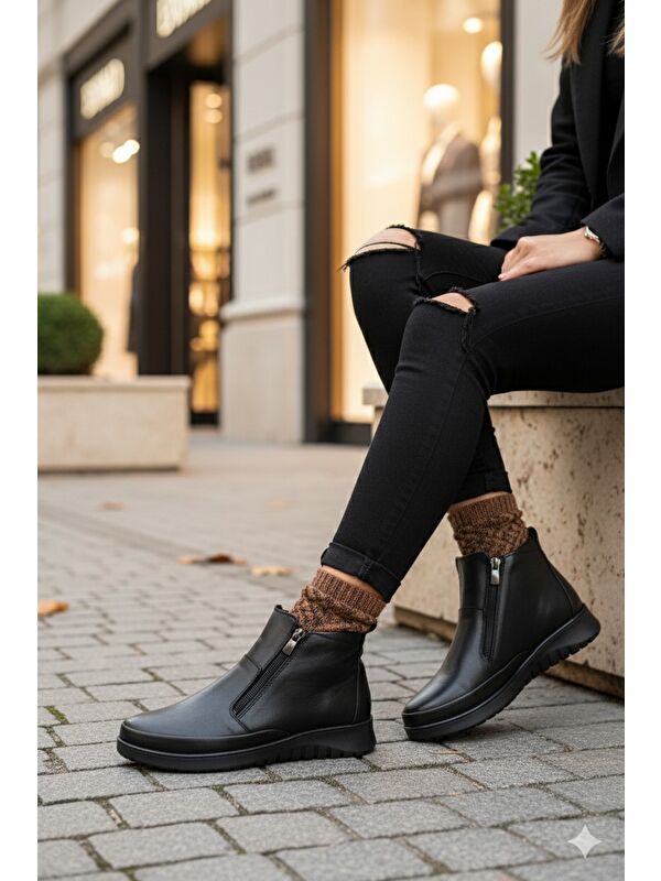 FENİKS Hakiki Deri Çift Fermuarlı Kadın Bot - Görsel 7