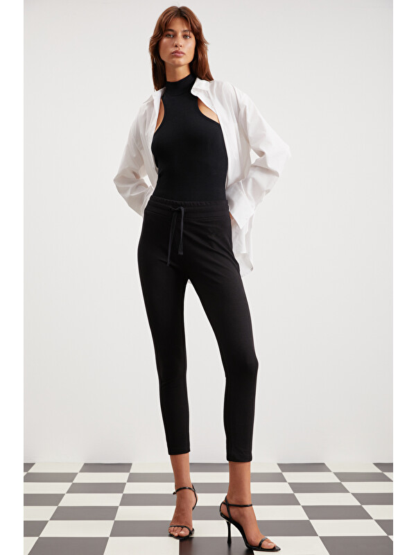 GRIMELANGE Judy Kadın Slim Fit Beli Lastikli Bağlamalı Basic SİYAH Tayt