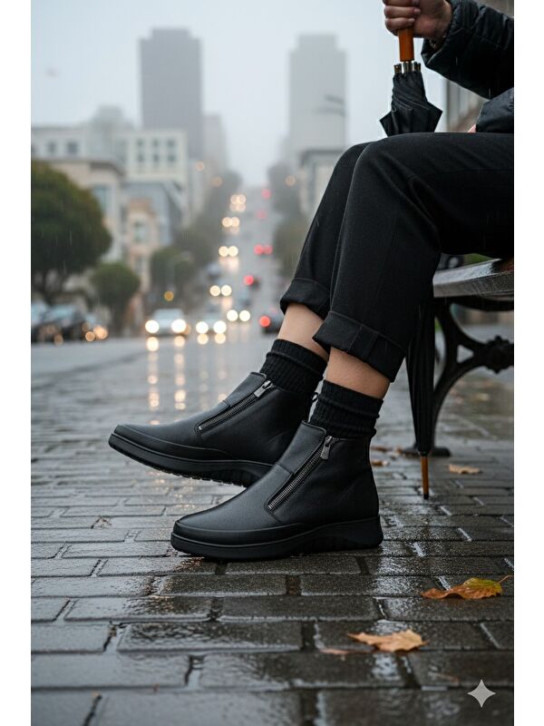 FENİKS Hakiki Deri Çift Fermuarlı Kadın Bot - Görsel 8