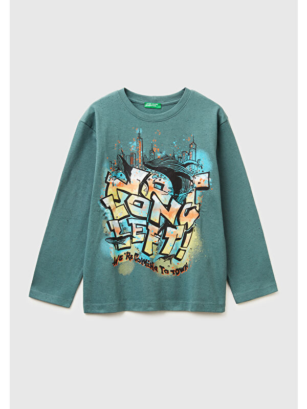 United Colors Of Benetton Erkek Çocuk Koyu Yeşil Önü ve Arkası Baskılı Jarse Uzun Kollu T-shirt