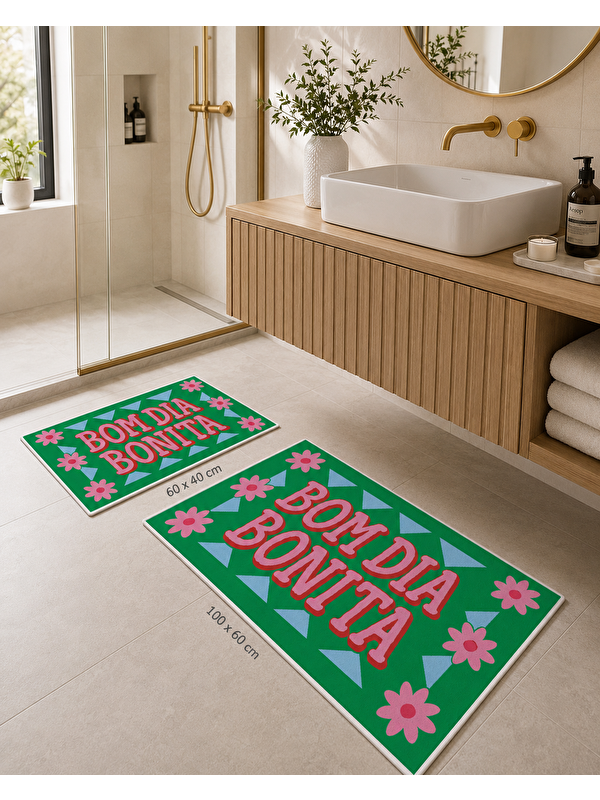 Milbay Grup Yeşil Pembe Bon Dia Bonita Yazılı Banyo Paspası Dot Taban Üstü Kadife