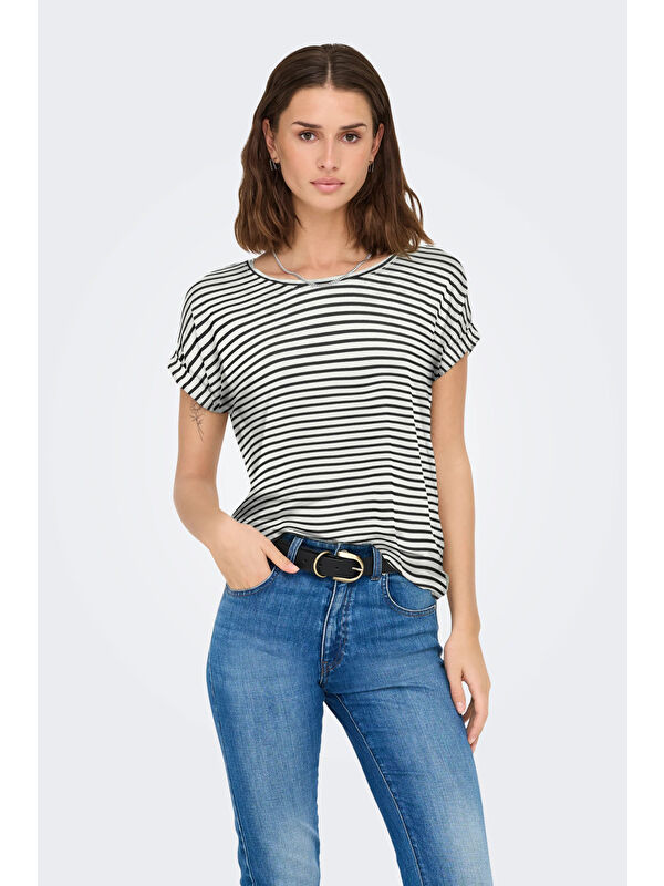 Only Onlmoster Streç Çizgili Regular Fit Bisiklet Yaka Kadın T Shirt 15206243