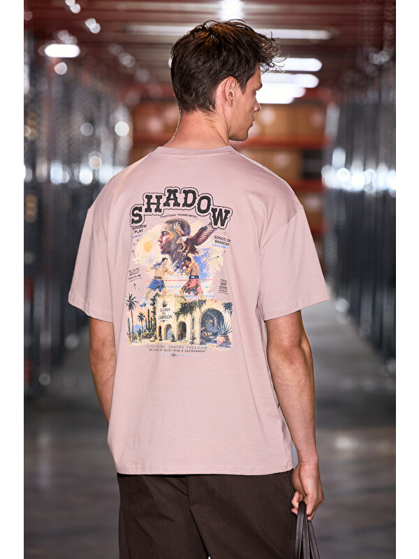 GRIMELANGE AMIDIO Erkek %100 Organik Pamuklu Baskı Detaylı Regular Fit Yuvarlak Yaka PUDRA T-Shirt