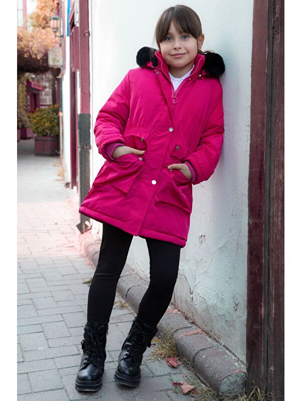 Bilen Kids Pembe Kapaklı Cepli İçi Kürklü Çıkarılabilir Kapüşonlu Kız Çocuk Şişme Mont 21483