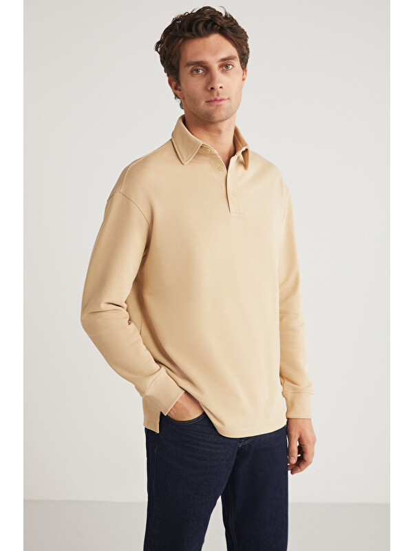 GRIMELANGE JOHN Erkek Polo Sweat Gömlek Yakalı Organik Pamuklu Yırtmaçlı İçi Polarsız BEJ Sweatshirt