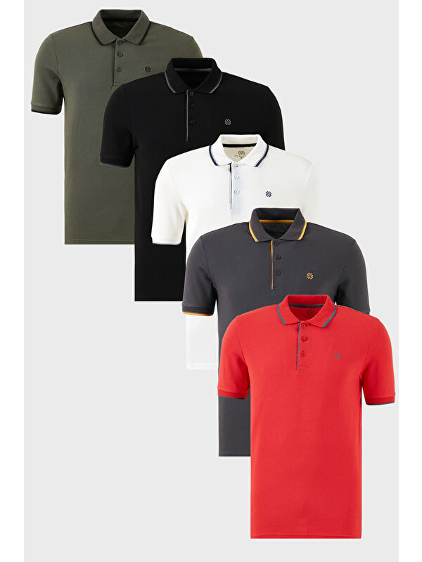 Buratti Pamuklu Slim Fit Şerit Detaylı Düğmeli Polo Yaka 5'li Paket %100 Pamuk Tişört 5902118S5