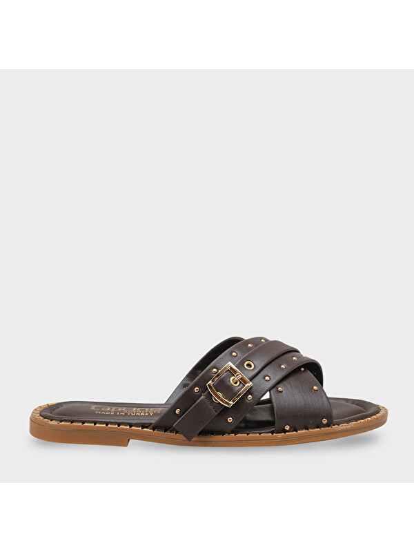 Capone Outfitters Metal Görünümlü Tokalı Kısa Topuklu Çapraz Bantlı Kadın Terlik
