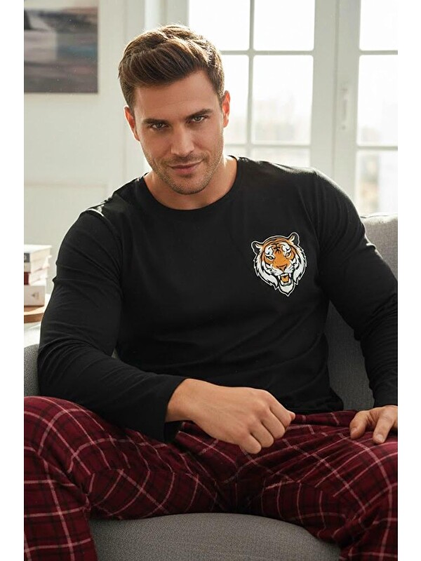 Siyah İnci Deve Baskılı Uzun Kollu Örme Pijama Takım