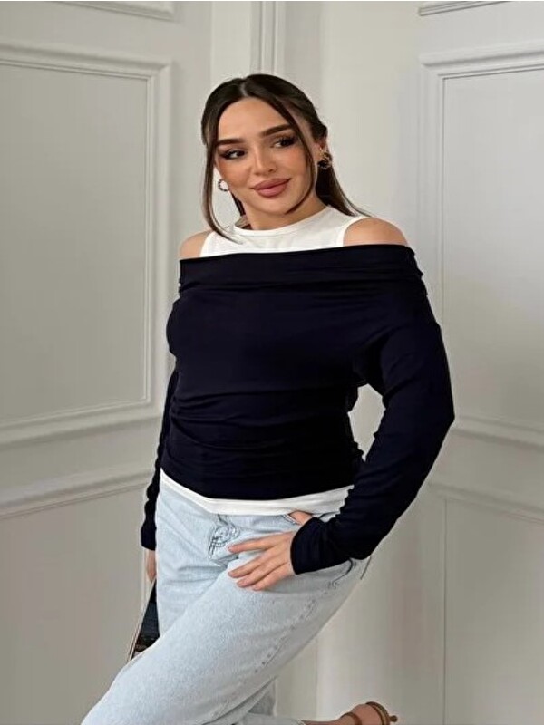 ginger love Kadın Omuz Pile Detaylı Kayık Yaka Atlet detaylı Yeni Sezon Sweatshirt Lacivert