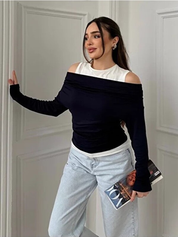 ginger love Kadın Omuz Pile Detaylı Kayık Yaka Atlet detaylı Yeni Sezon Sweatshirt Lacivert