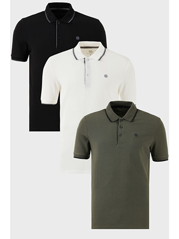 Buratti Pamuklu Slim Fit Şerit Detaylı Düğmeli Polo Yaka 3'lü Paket %100 Pamuk Tişört 5902118S3
