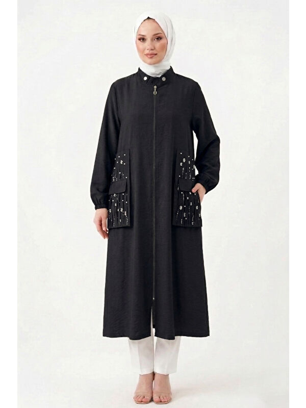 Remsa Yakası Çıt Çıt Detaylı ve Kraşlı Sfari Kap Ceket 817 Siyah