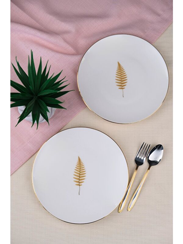TABAK EVİ Porselen Natura Fern Altın Yaldız Pasta Tabağı 20,50cm 2 li