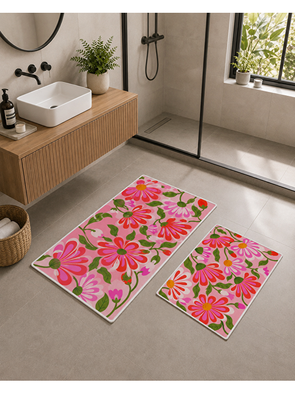 Milbay Grup Pembe Yeşil Çiçek Desenli Banyo Paspası Dot Taban Üstü Kadife