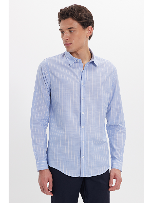 TUDORS Erkek Slim Fit Dar Kesim Uzun Kollu %100 Pamuk Keten Doku Çizgili Gömlek