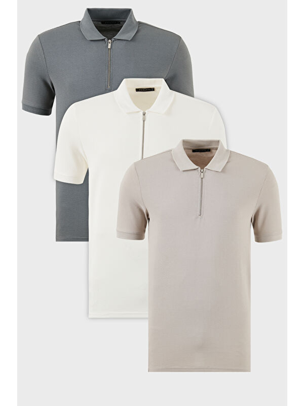 Buratti Pamuklu Regular Fit Yarım Fermuarlı 3'lü Paket Polo Yaka %100 Pamuk Tişört 5902915S3