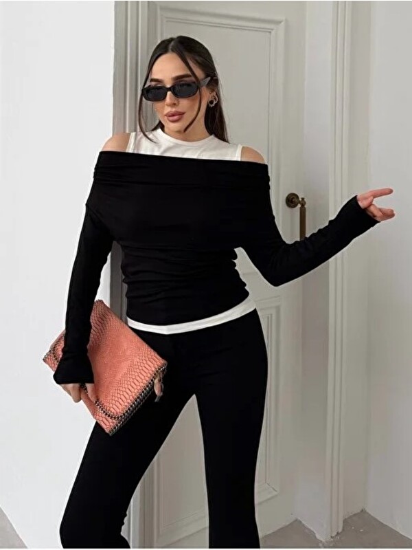 ginger love Kadın Omuz Pile Detaylı Kayık Yaka Atlet detaylı Yeni Sezon Sweatshirt Siyah