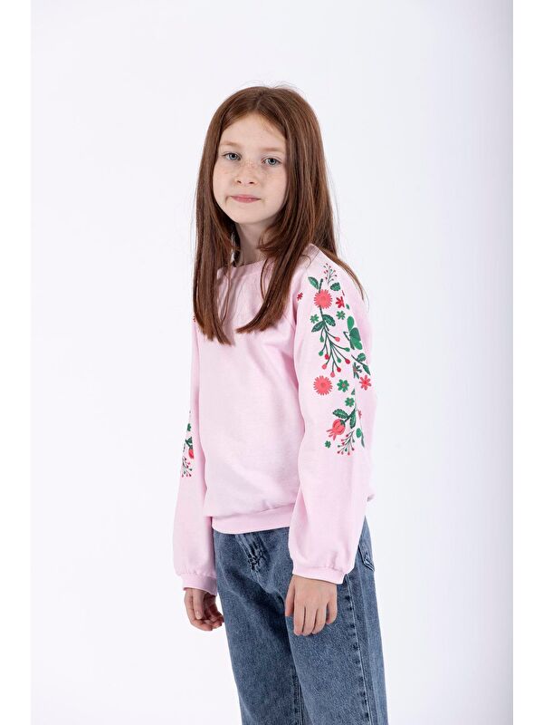 Zepkids Bisiklet Yaka Çiçek Baskılı Kız Çocuk Sweatshirt