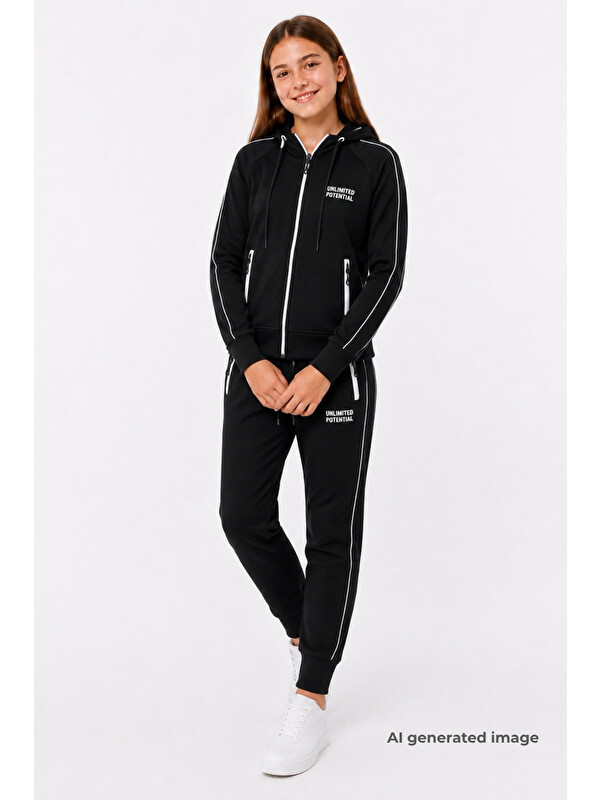 Pina Kids Kız Çocuk Scuba Unlimited Çİft Şeritli Kapüşonlu Reglan Kol Dalgıç Kumaş Eşofman Takımı ESF7023