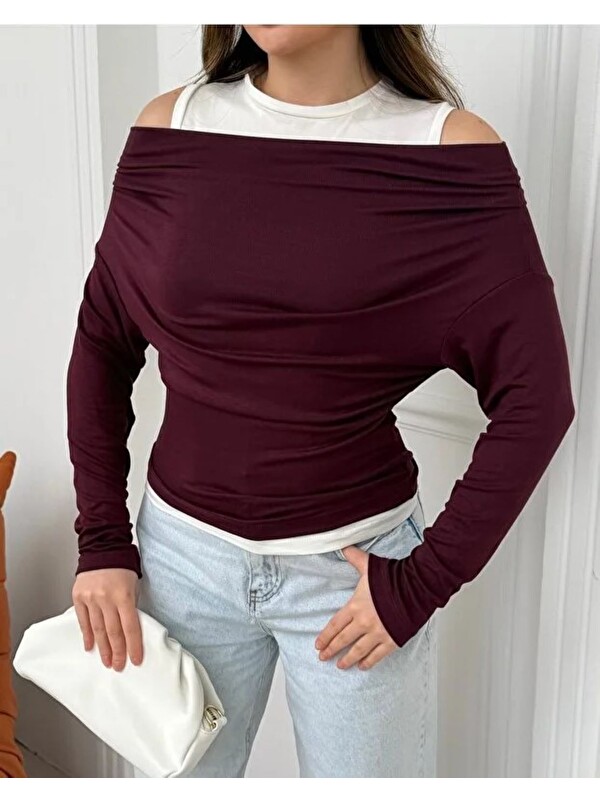 ginger love Kadın Omuz Pile Detaylı Kayık Yaka Atlet detaylı Yeni Sezon Sweatshirt Bordo