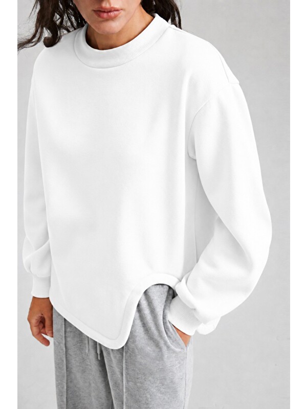 Tarz Cool Kadın Asimetrik Bisiklet Yaka 3 İplik Şardonlu Oversize Sweatshirt