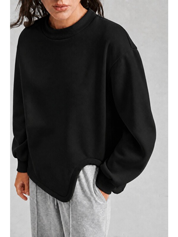 Tarz Cool Kadın Asimetrik Bisiklet Yaka 3 İplik Şardonlu Oversize Sweatshirt