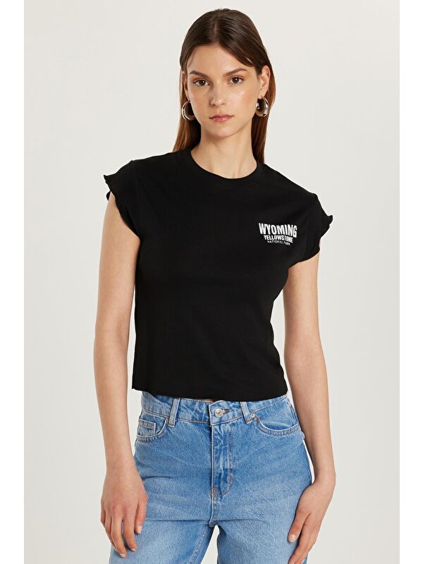 TUDORS Kadın Slim Fit Ribanalı Baskılı %100 Pamuk Bisiklet Yaka Siyah Tişört