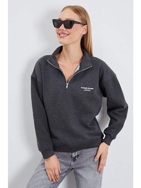 Fullamoda 3 İplik London Baskılı Yarım Fermuarlı Sweatshirt