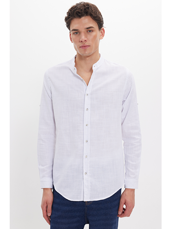 TUDORS Erkek Slim Fit Dar Kesim Uzun Kollu %100 Pamuk Keten Doku Çizgili Hakim Yaka Gömlek