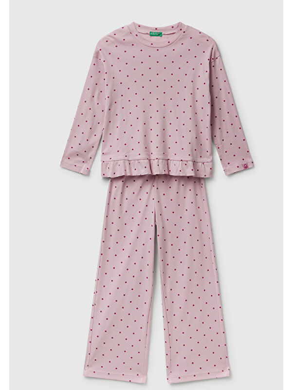 United Colors Of Benetton Kız Çocuk Soluk Pembe Desenli Fırfır Detaylı Pijama Takımı