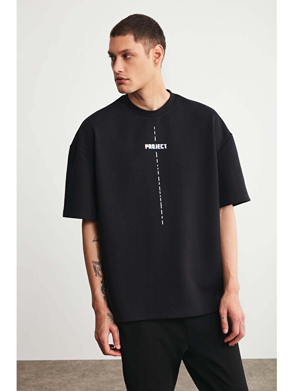 GRIMELANGE PROJECT Erkek Baskı Detaylı Oversize Fit %100 Organik Pamuk Örme Bisiklet Yaka Örme SİYAH T-Shirt
