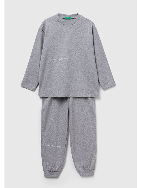 United Colors Of Benetton Erkek Çocuk Gri Melanj Logolu Düz Renk Pijama Takımı