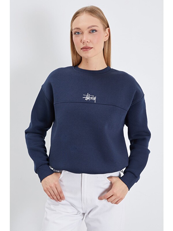 Fullamoda 3 İplik İmza Nakışlı Stoperli Oversize Sweatshirt