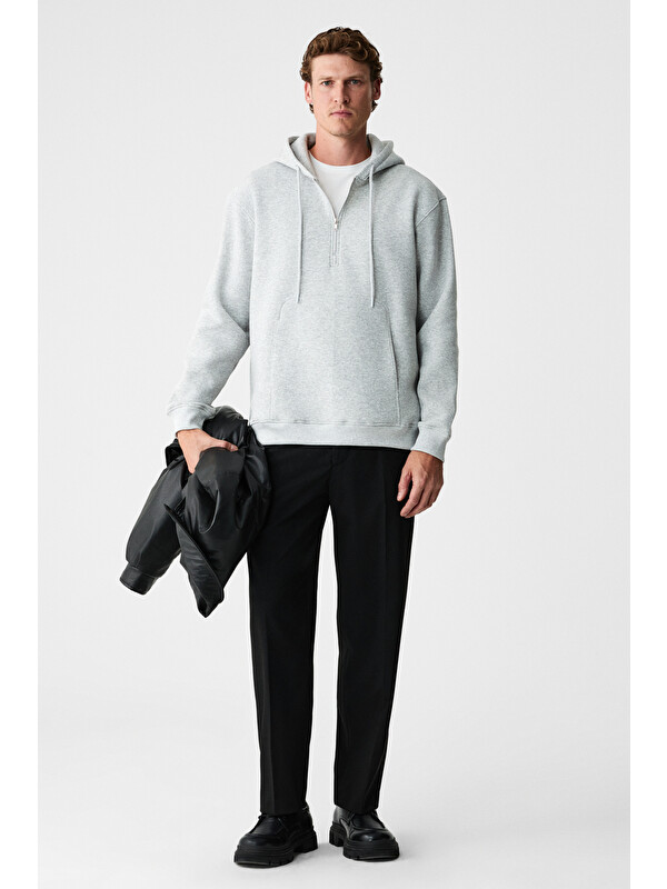 GRIMELANGE JUSTUS Erkek Kapüşonlu Kanguru Cepli Fermuar Yakalı GRİ MELANJ Sweatshirt